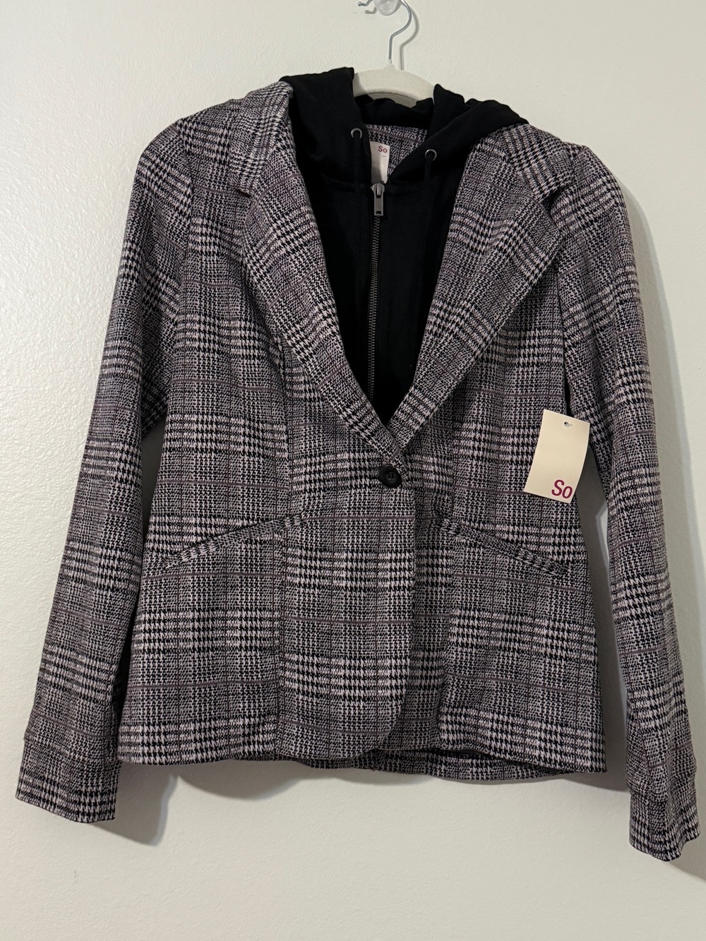 SO Black and White Glen Plaid Blazer